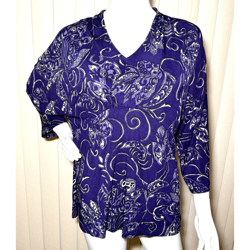 Chico’s Travelers Top Size 2 Large Purple Paisley V Neck 3/4 Sleeve USA Made